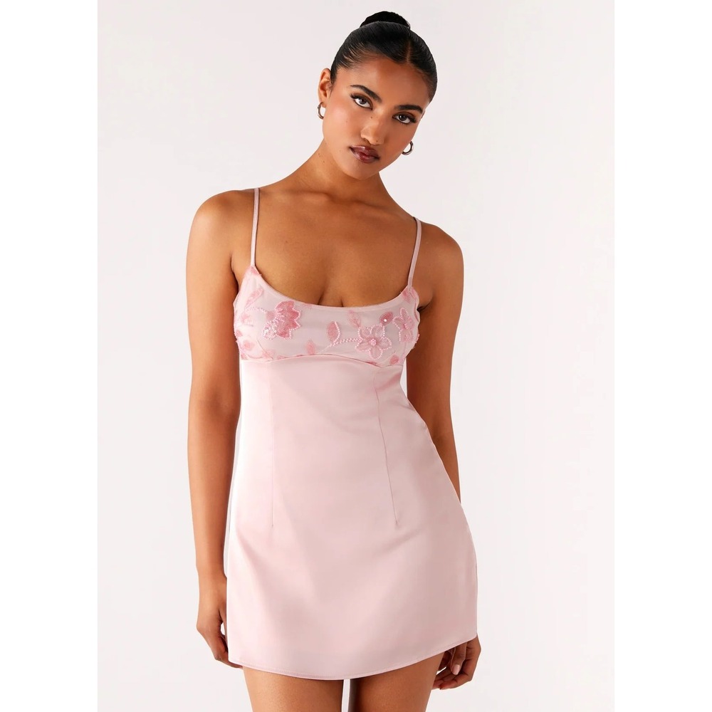 Peppermayo Zion Beaded Micro Mini Dress Pink Satin Sequin Floral US 2 NEW